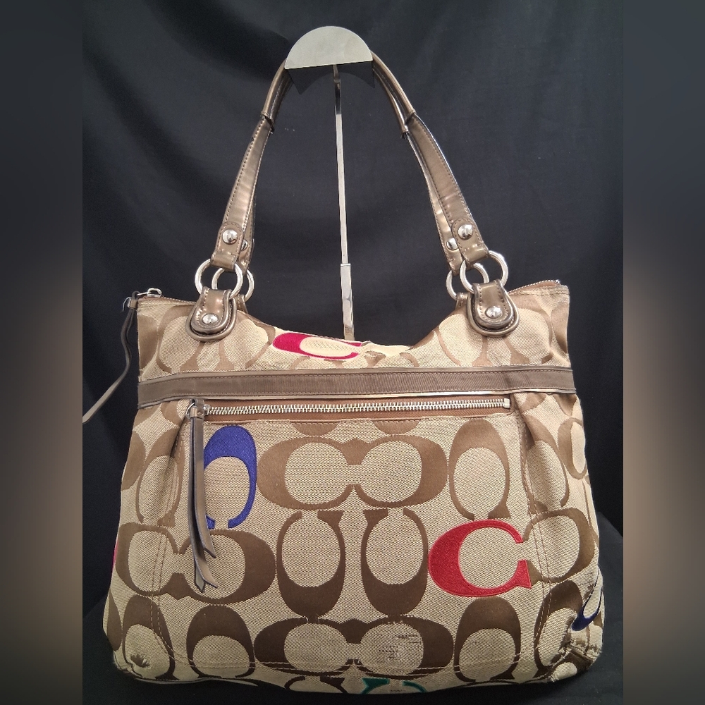 Coach Signature Multicolor “C” Tote  Canvas Shoulder Bag Tan & Brown 21184